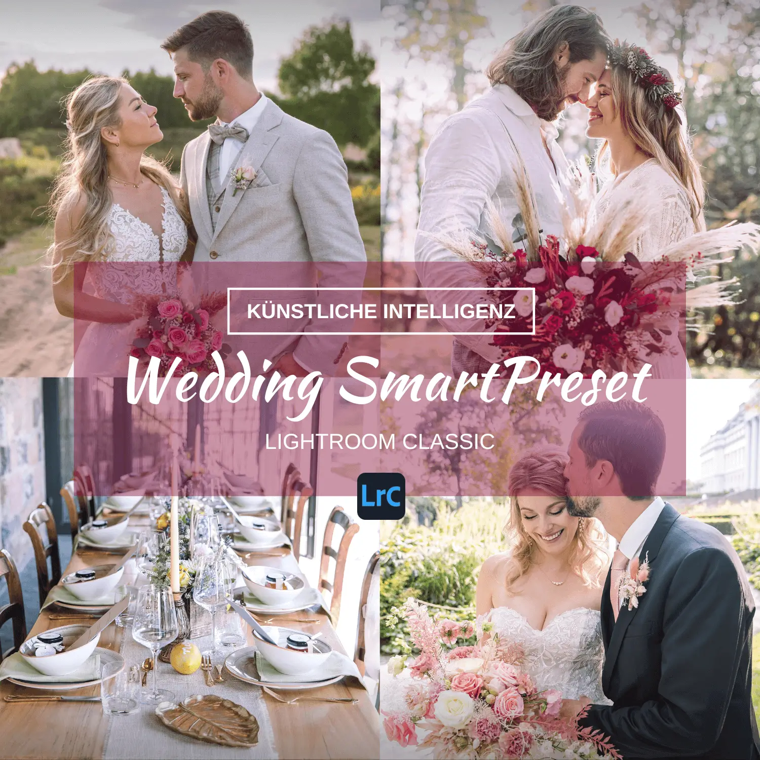 Wedding SmartPreset Lightroom – Brautpaare in verschiedenen Szenen mit KI-Text-Overlay