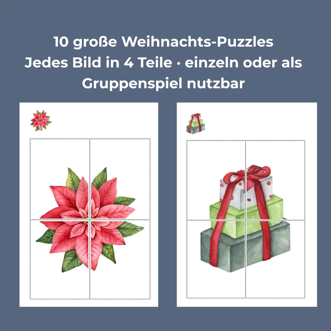 10 große Weihnachts-Puzzles: Poinsettie und Geschenke in 4 Teile unterteilt