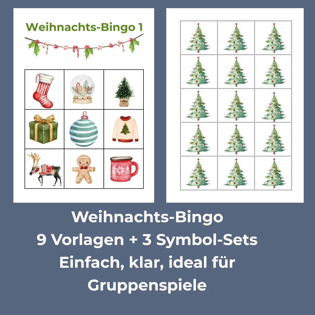 Weihnachts-Bingo mit 9 Vorlagen und 3 Symbol-Sets, Weihnachtsbaum-Motiv zum Abhaken