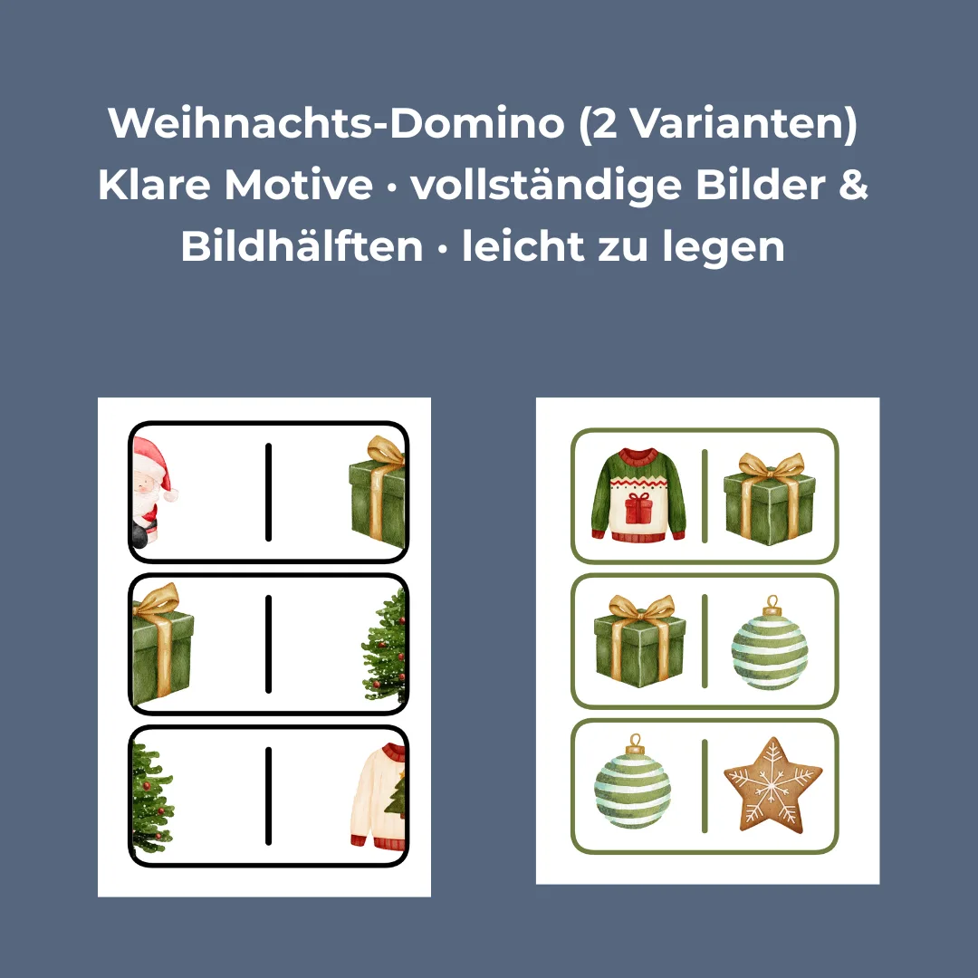 Weihnachts-Domino mit zwei Varianten: klare Motive und Bildhälften zum Anlegen