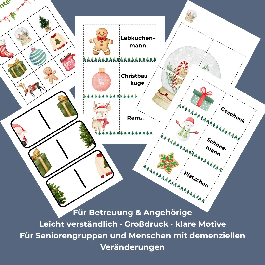 Weihnachts-Lernspiele mit Domino, Zuordnungskarten (Lebkuchenmännchen, Christbaumkugel, Rentier) und Bingo