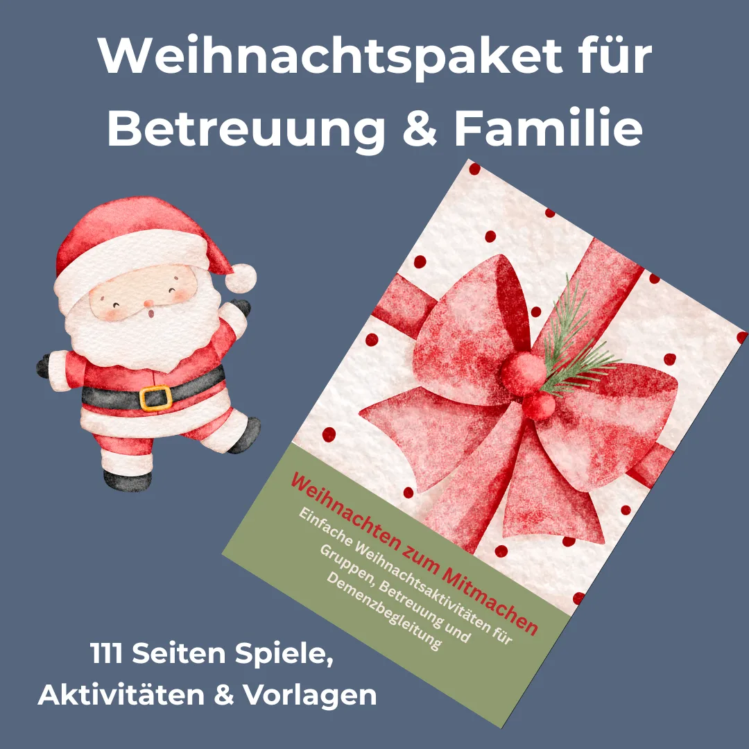 Weihnachtspaket für Betreuung & Familie mit Weihnachtsmann, roter Schleife und 111 Seiten Spiele