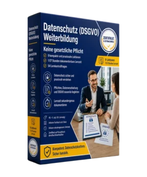 Produktbox Datenschutz (DSGVO) Weiterbildung mit Zertifikat-Badge, Kursinhalt und zwei Personen im Gespräch