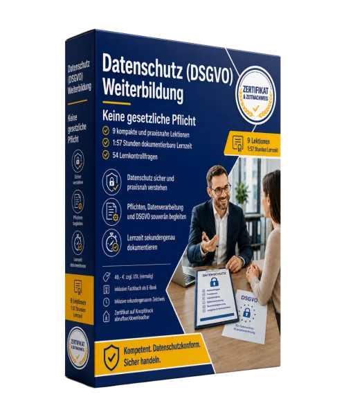 Produktbox Datenschutz (DSGVO) Weiterbildung mit Zertifikat-Badge, Kursinhalt und zwei Personen im Gespräch