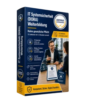 Produktbox für IT-Systemsicherheit (DORA) Weiterbildung mit Zertifikat, 12 Lektionen, zwei Personen im Gespräch an einem Tisc