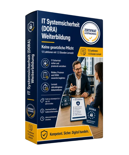 Produktbox für IT-Systemsicherheit (DORA) Weiterbildung mit Zertifikat, 12 Lektionen, zwei Personen im Gespräch an einem Tisc