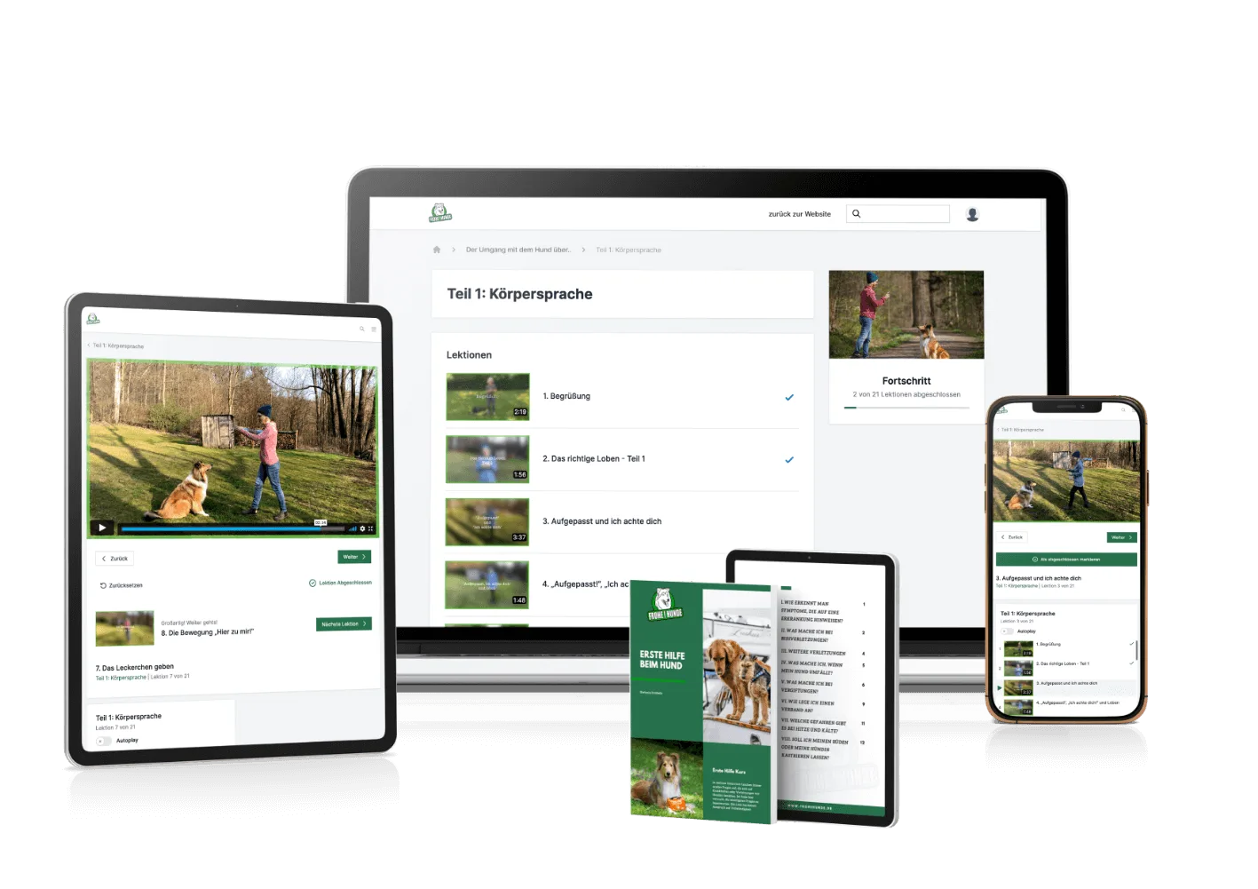 Frohe Hunde Angebot – Mockup mit Onlinekurs, App, Ebook und Schulungsmaterialien auf verschiedenen Geräten