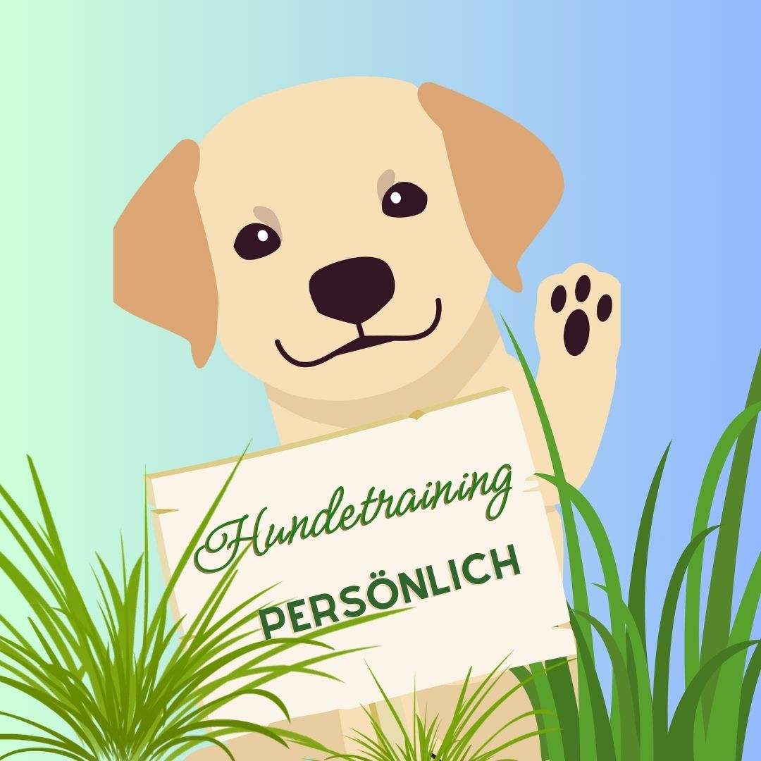 Illustration eines cremefarbenen Labradors mit erhobenem Pfötchen hält Schild mit Text