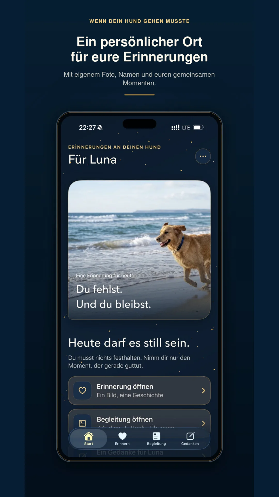 Wenn dein Hund gehen musste – Audiopaket mit E-Book 5 Smartphone-Screenshot zeigt App-Feature für persönliche Hundegedenkseite mit Foto, Name und Erinnerungen