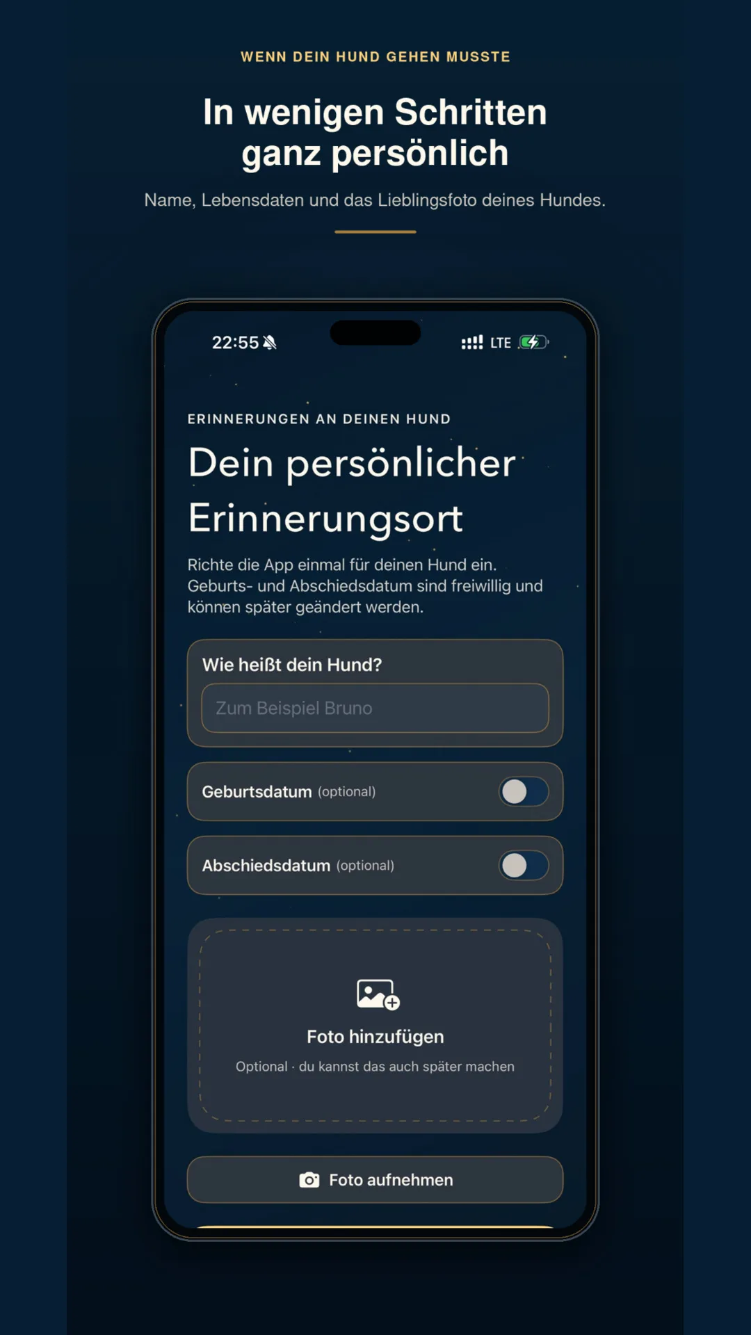 Wenn dein Hund gehen musste – Audiopaket mit E-Book 6 Smartphone-Screenshot zeigt Eingabeformular zur Erstellung einer persönlichen Hundegedenkseite