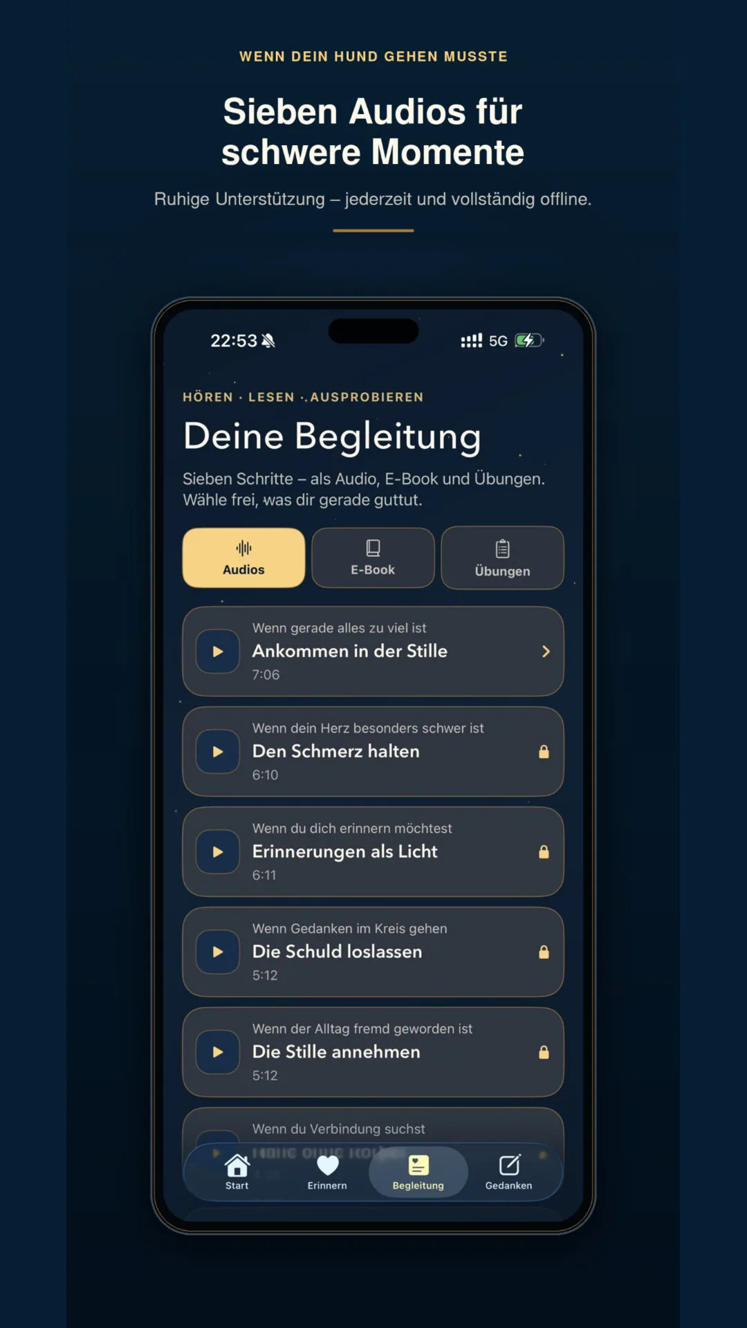 Wenn dein Hund gehen musste – Audiopaket mit E-Book 7 Smartphone-Screenshot zeigt Audio-Begleitungsprogramm mit sieben Audios für Trauerphasen nach Hundetod