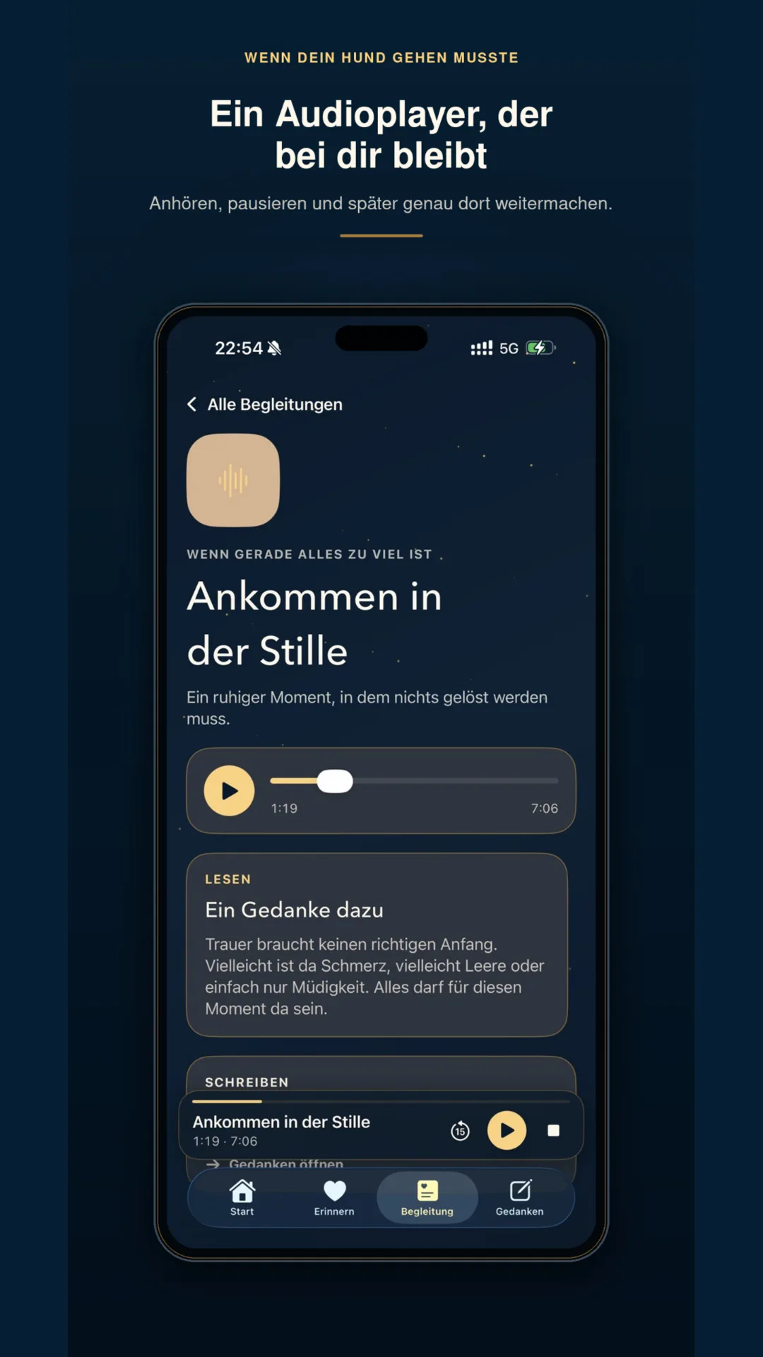 Wenn dein Hund gehen musste – Audiopaket mit E-Book 8 Smartphone-Screenshot zeigt Audio-Player mit Wiedergabefunktion und Transkription eines Audios