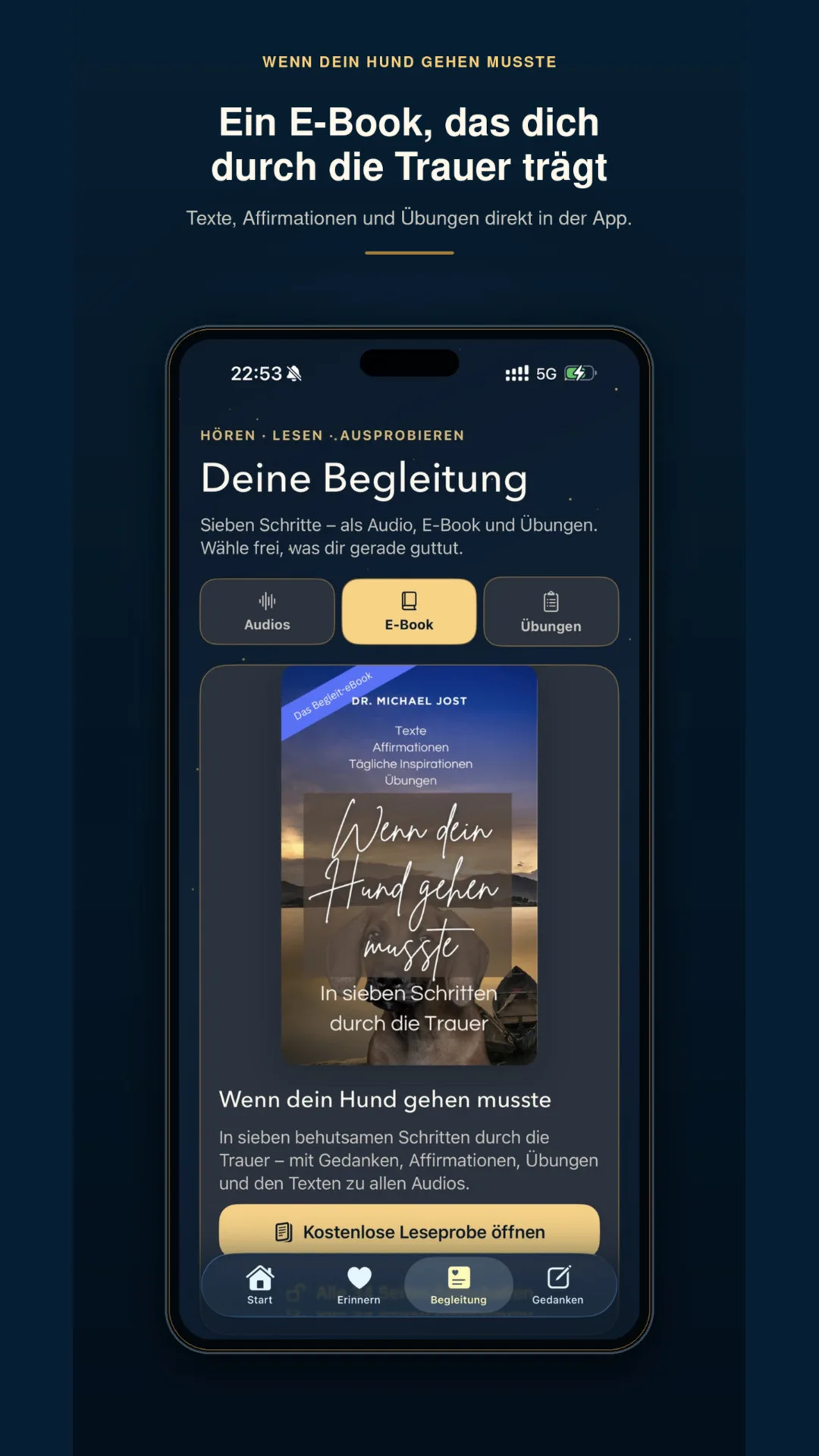 Wenn dein Hund gehen musste – Audiopaket mit E-Book 9 Smartphone-Screenshot zeigt E-Book-Inhalte mit Texten, Affirmationen und Übungen zur Hundetrauer