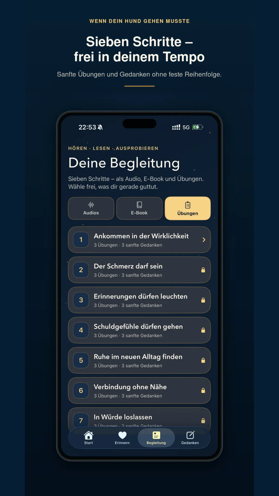 Wenn dein Hund gehen musste – Audiopaket mit E-Book 10 Smartphone-Screenshot zeigt Übungsmodule mit sieben Schritten zur Trauerbewältigung nach Hundetod