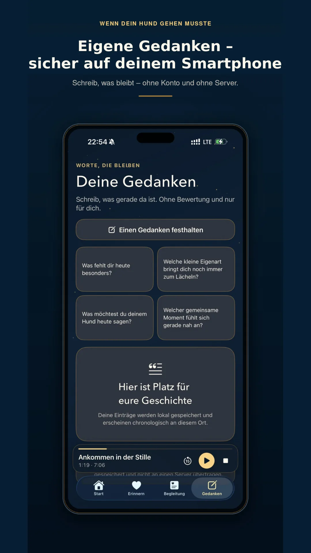 Wenn dein Hund gehen musste – Audiopaket mit E-Book 11 Smartphone-Screenshot zeigt Gedanken-Funktion zum Festhalten von Erinnerungen und Momenten mit dem verstorbenen Hund