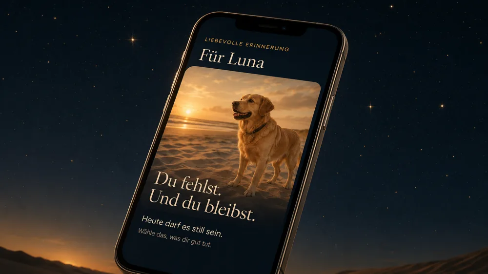 Wenn dein Hund gehen musste – Audiopaket mit E-Book 2 Smartphone-Mockup zeigt App-Startseite mit Hund am Strand und Texten zur Hundetrauer