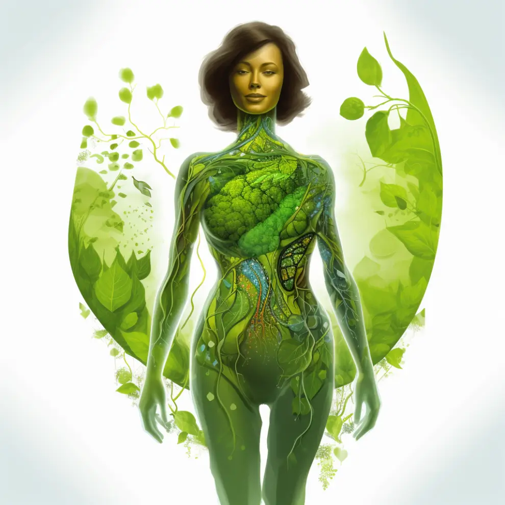 Wenn die Seele leidet – Naturheilkunde-Webinar von Christel Ströbel 13 Frau mit anatomischer Darstellung von Leber und Galle, umgeben von grünen Pflanzen und Blättern
