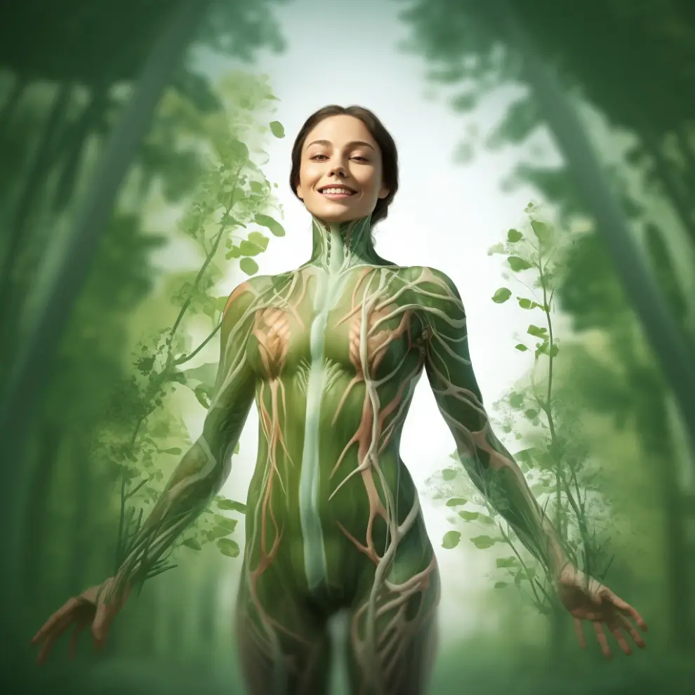Wenn die Seele leidet – Naturheilkunde-Webinar von Christel Ströbel 14 Frau mit anatomischer Darstellung von Muskeln, Sehnen und Bändern in Grüntönen