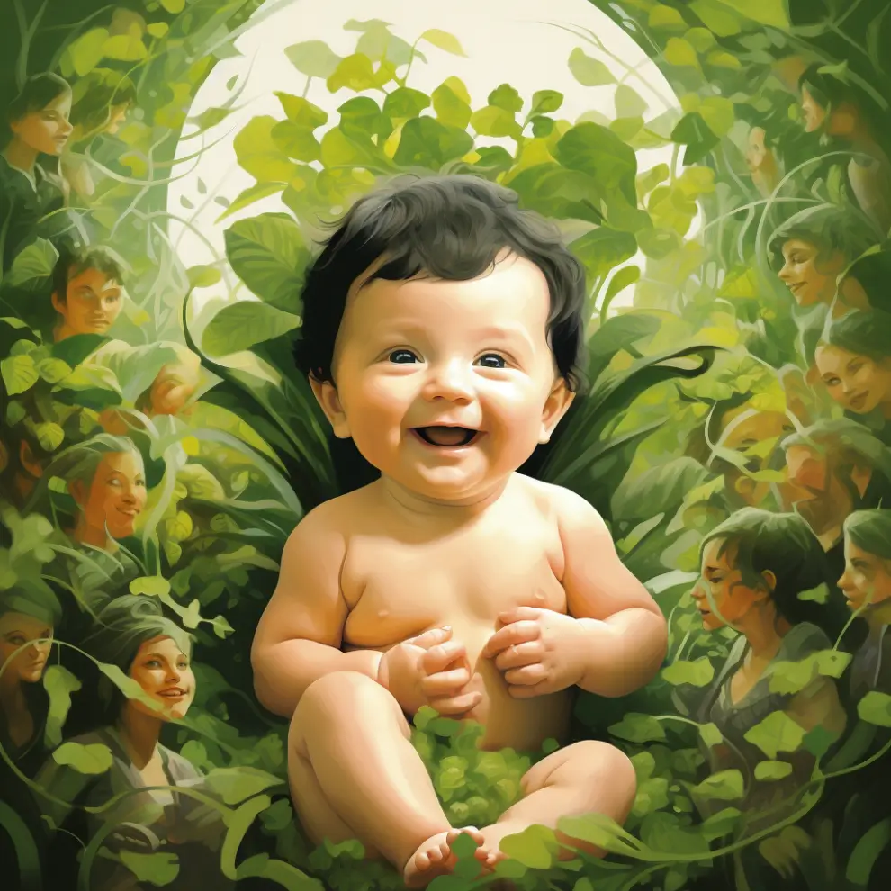 Wenn die Seele leidet – Naturheilkunde-Webinar von Christel Ströbel 17 Lachender Baby umgeben von grünen Blättern und mehreren Kindern im Hintergrund
