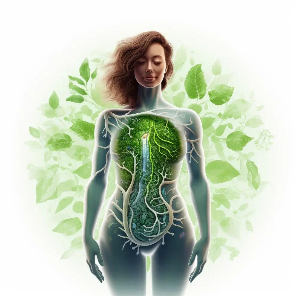 Wenn die Seele leidet – Naturheilkunde-Webinar von Christel Ströbel 7 Illustration Frau mit Magen- und Darmdarstellung aus Blättern für ganzheitliche Verdauungsgesundheit