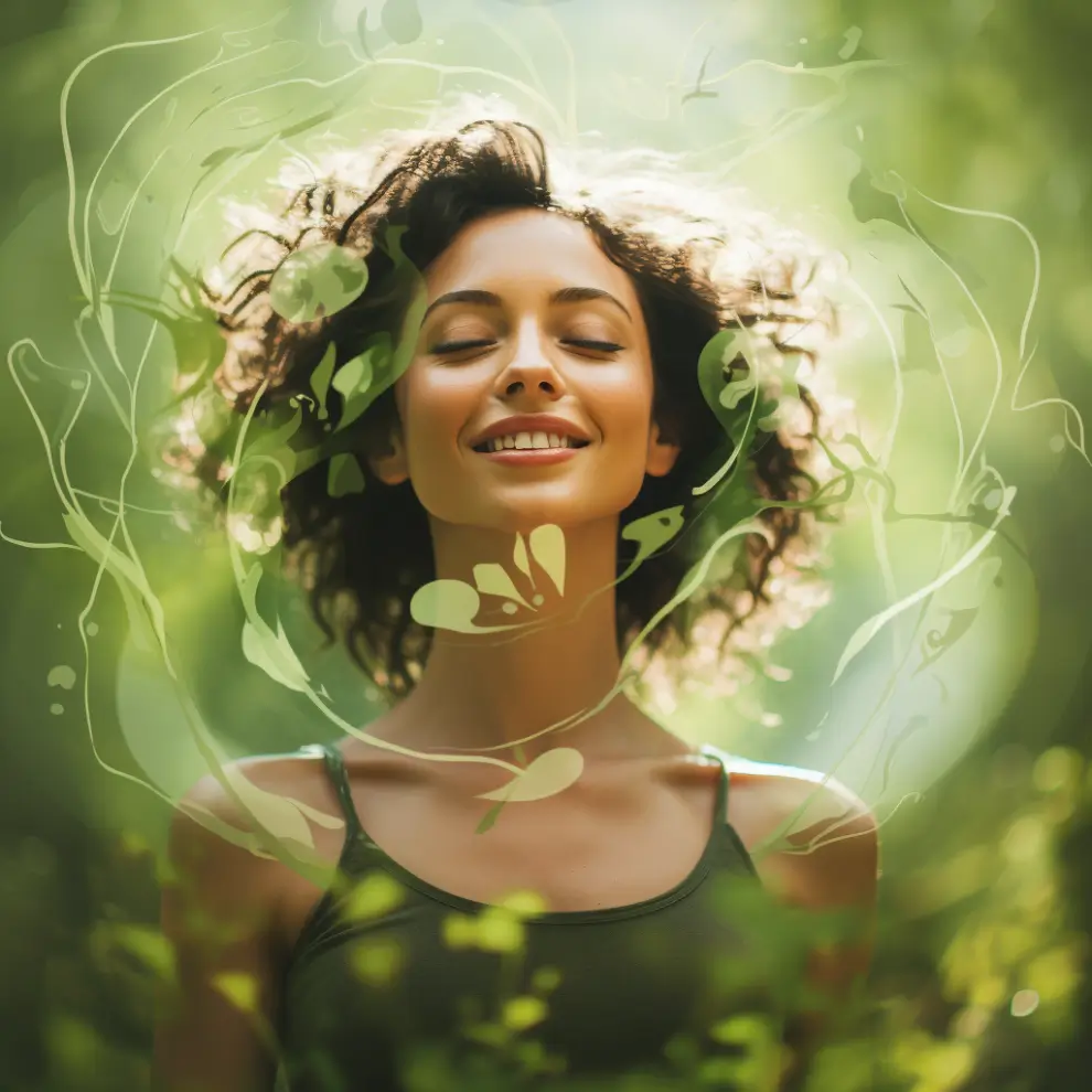 Wenn die Seele leidet – Naturheilkunde-Webinar von Christel Ströbel 10 Illustration Frau mit Allergen-Blättern symbolisiert natürliche Allergiebewältigung
