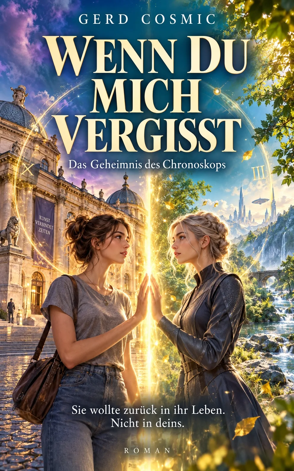 Buchcover Wenn du mich vergisst – Das Geheimnis des Chronoskops von Gerd Cosmic mit zwei Frauen und magischem Licht