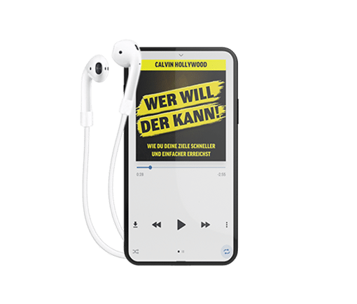 Smartphone mit Podcast-Player zeigt Wer will der kann Cover und Kopfhörer