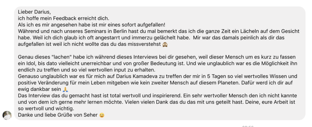 Feedback-Text eines Seminarteilnehmers über Darius Kamadeva und sein Coaching