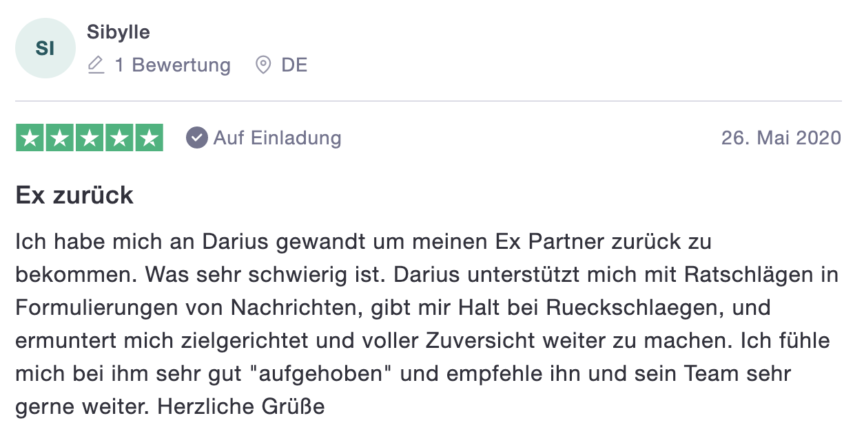 Google-Bewertung von Sibylle mit 5 Sternen über die Unterstützung bei Ex zurückgewinnen