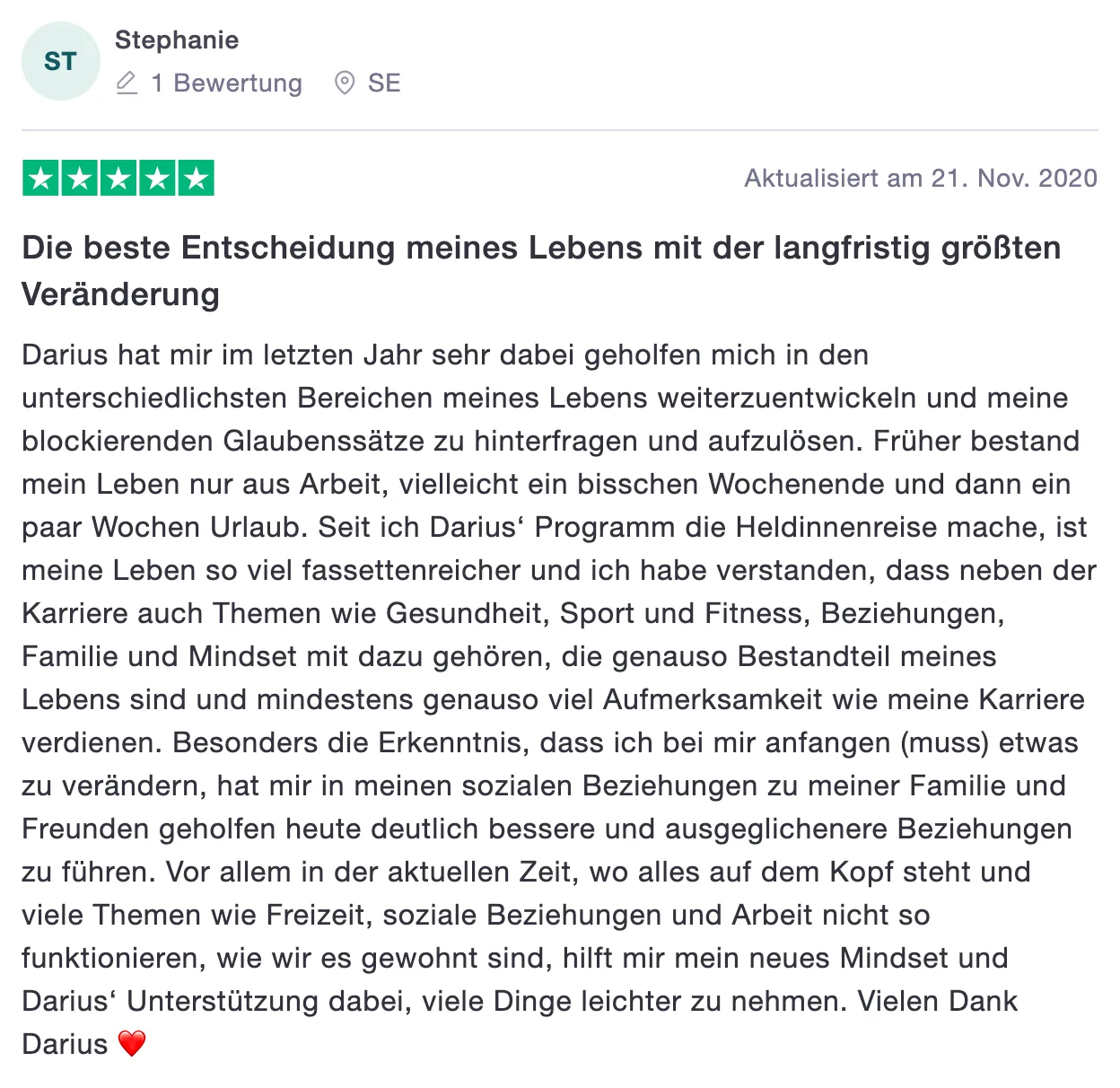 Google-Bewertung von Stephanie mit 5 Sternen über das Coaching-Programm