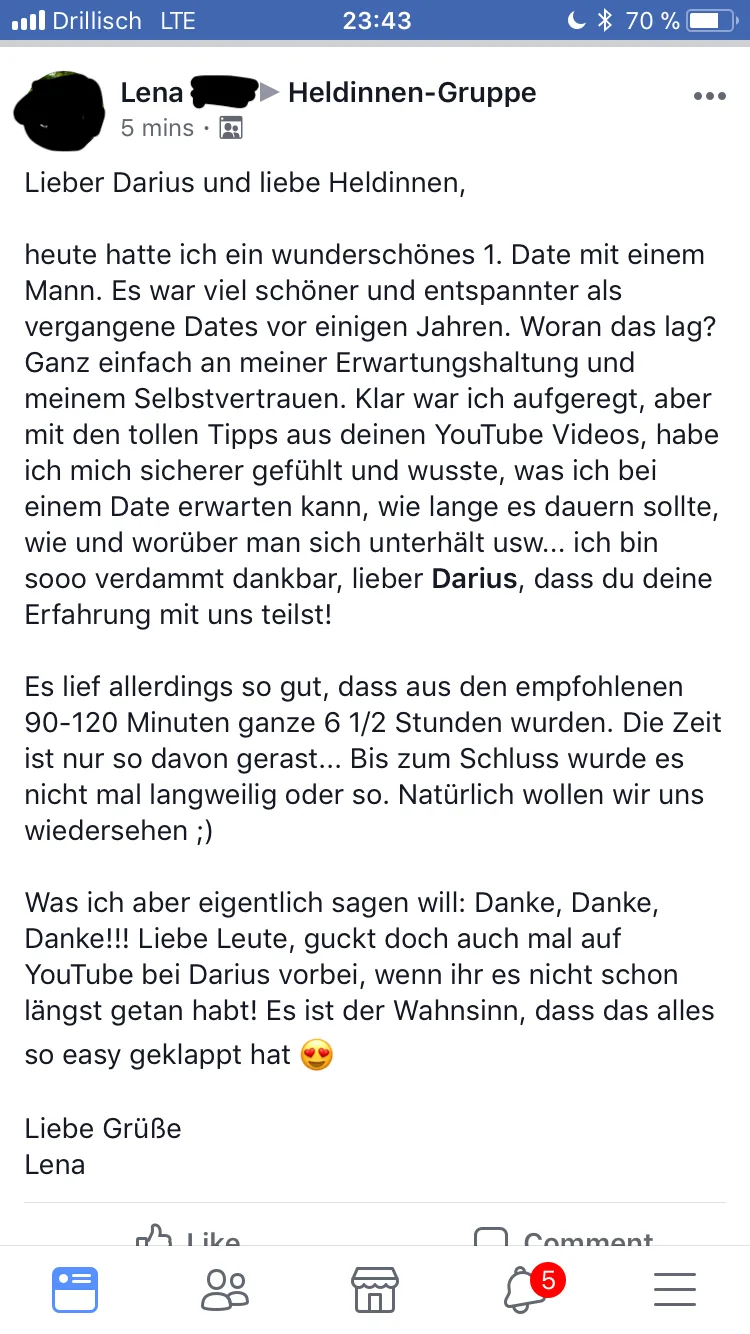 Facebook-Post von Lena aus der Heldinnen-Gruppe über positives erstes Date