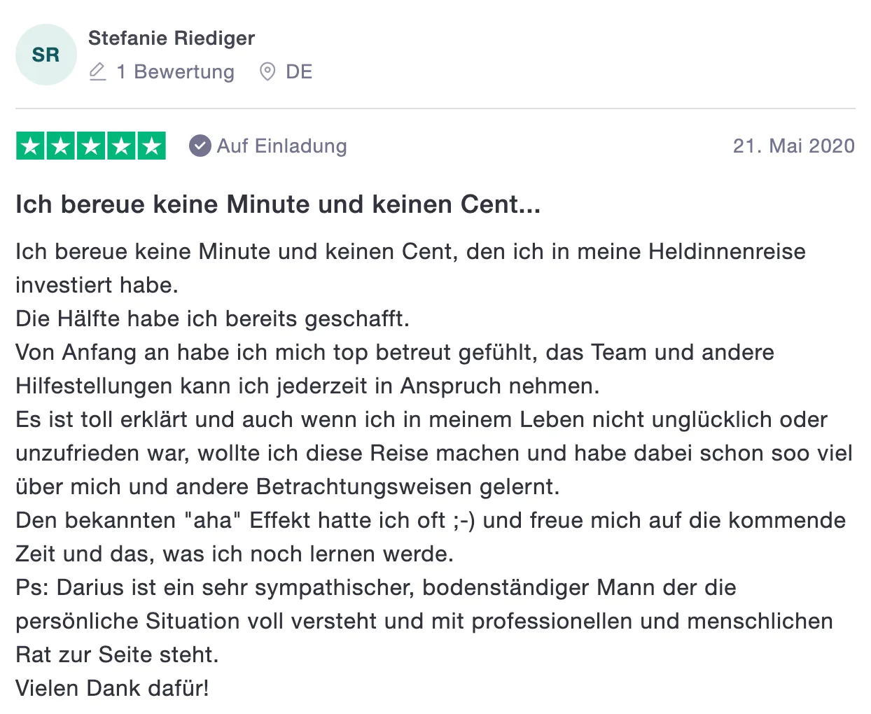 Google-Bewertung von Stefanie Riediger mit 5 Sternen über Coaching-Investition