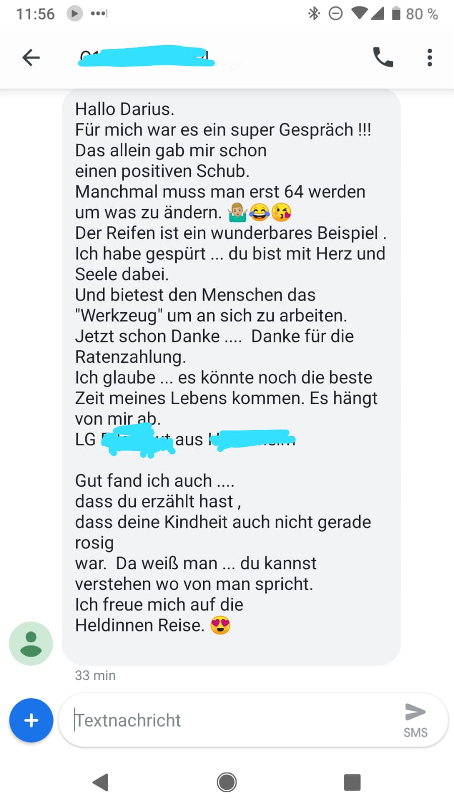 SMS-Nachricht von Coaching-Klientin an Darius Kamadeva mit positives Feedback zum Telefoncoaching