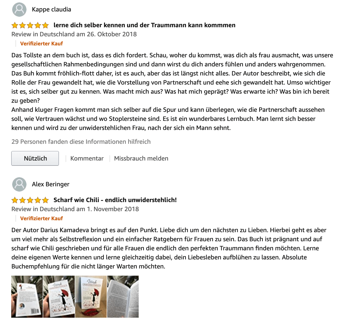 Amazon-Rezension von Kappe claudia mit 5 Sternen zum Thema Selbstkenntnis und Partnerschaft