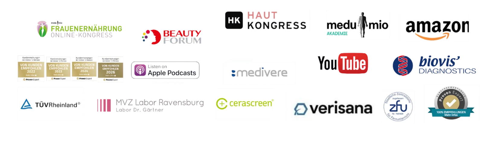 Werde zertifizierter Holistic Skin and Health Expert 7 Kollage von Partnerlogos: Frauernährung Online-Kongress, Beauty Forum, Haut Kongress, Medumio Akademie, Amazon, Apple Podcast