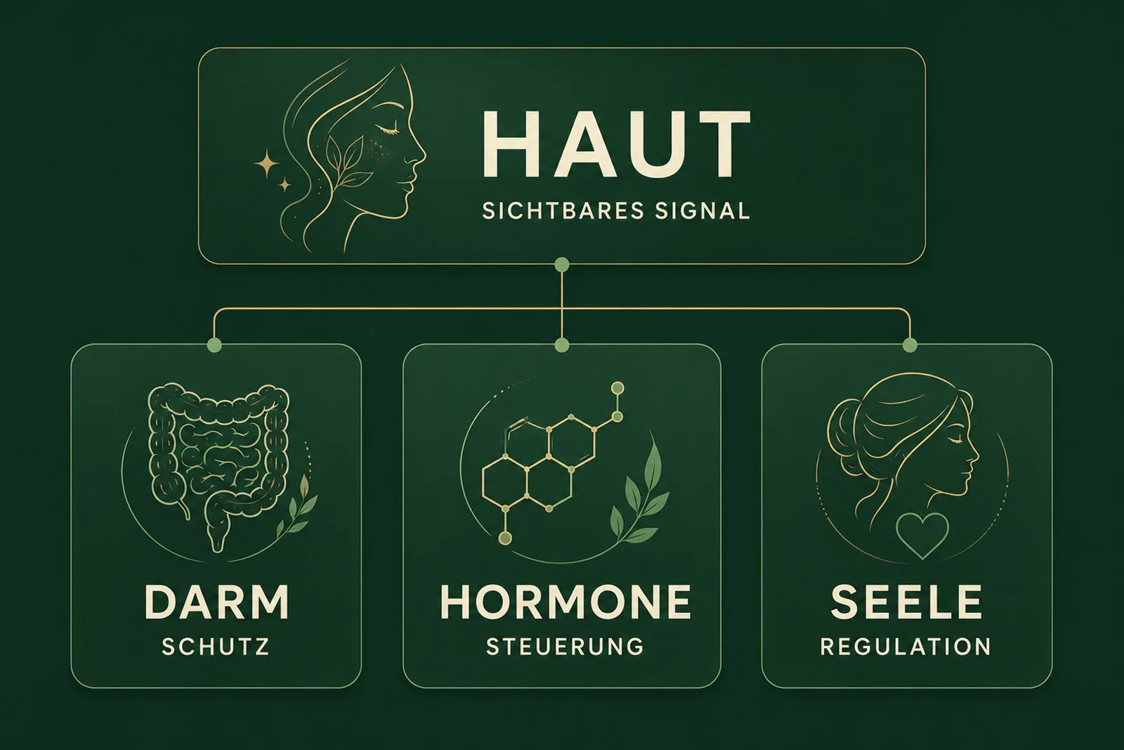 Werde zertifizierter Holistic Skin and Health Expert 2 Infografik mit Frauenkopf und drei Säulen zu Haut Sichtbares Signal: Darm Schutz, Hormone Steuerung, Seele Regulation