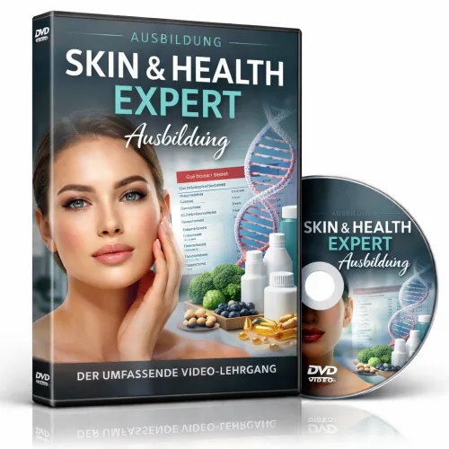 Werde zertifizierter Holistic Skin and Health Expert 1 DVD-Box Mockup: Skin & Health Expert Ausbildung mit Disc, Frauengesicht und Wellness-Elementen