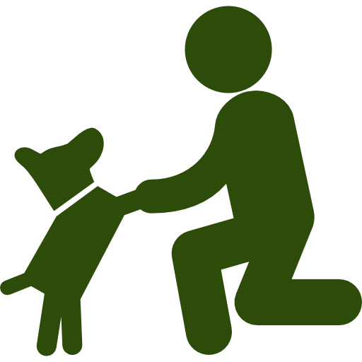 Grüne Strichzeichnung Mann kniet und gibt Hund die Hand