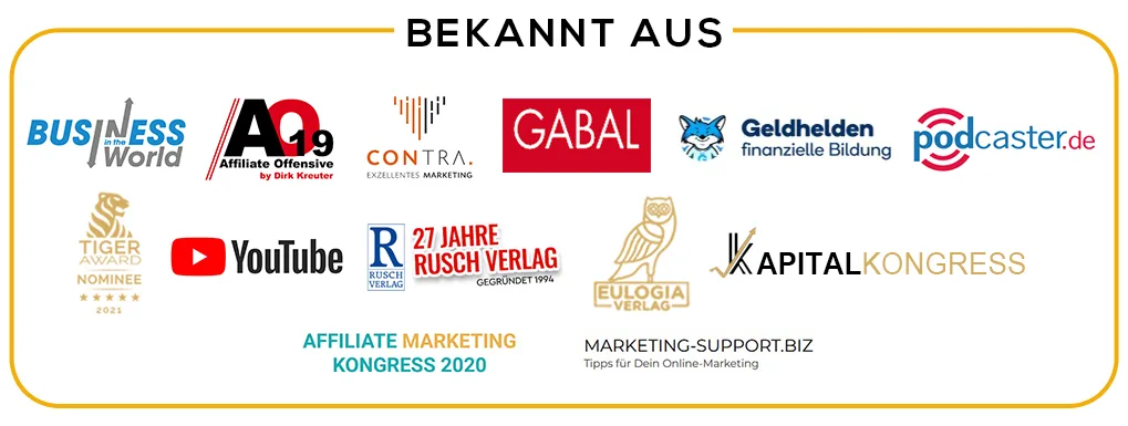 Übersicht bekannter Partner-Logos von Business World, YouTube, Rusch Verlag, Gabal und weiteren