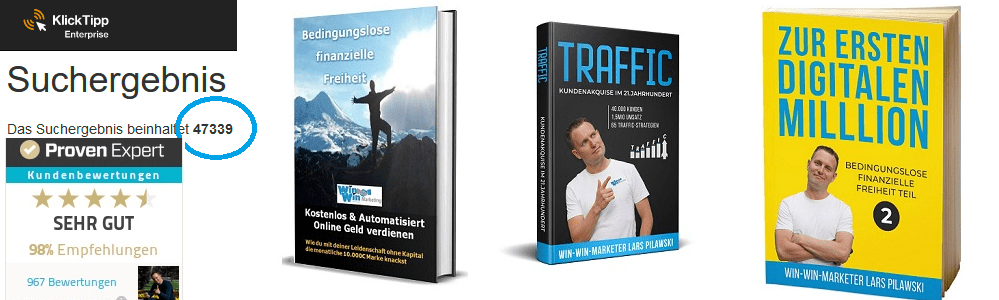 KlickTipp Enterprise Sucherergebnis mit 47.339 Bewertungen, Proven Expert Siegel und vier Produktcover