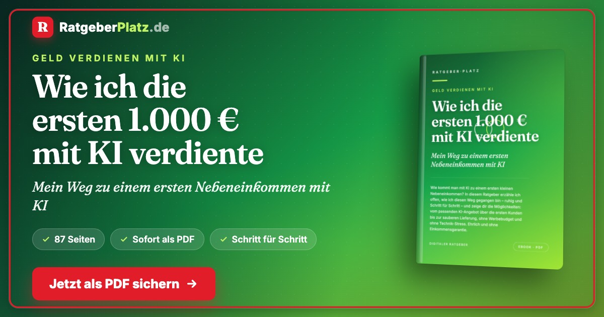 Hero-Banner mit RatgeberPlatz Logo, Haupttitel und grünem Buch-Mockup