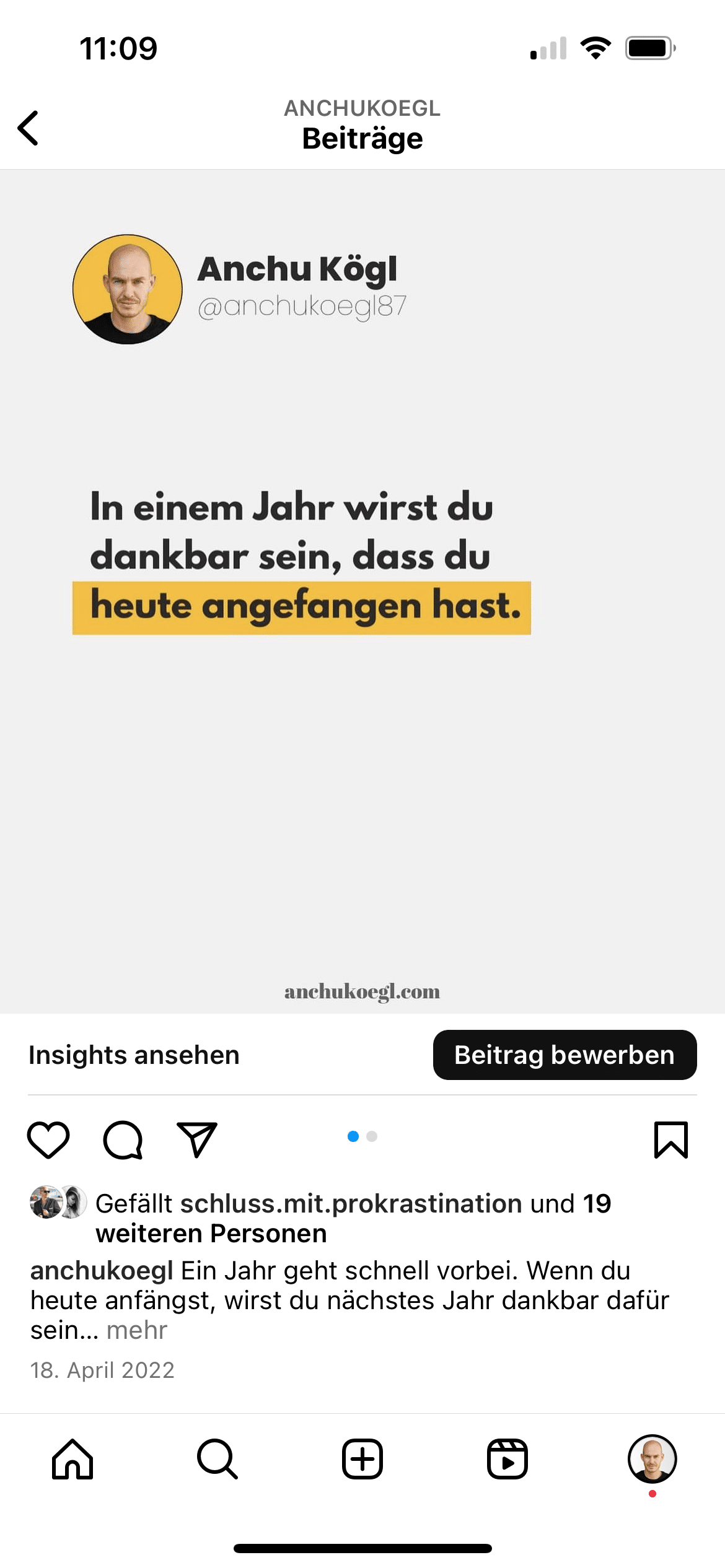 Instagram Post von Anchu Kögl mit Motivationstext auf gelbem Hintergrund, Profilbild mit gelbem Kreis