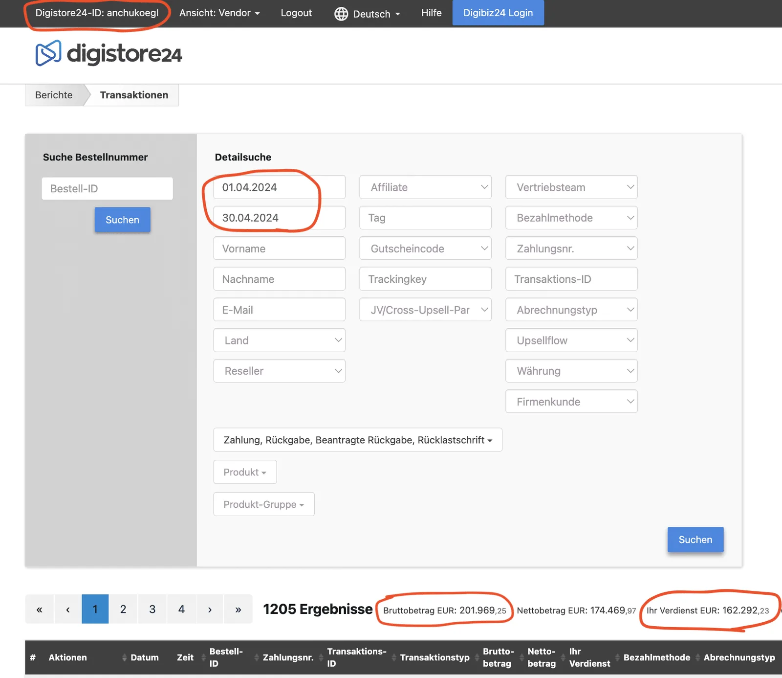 Screenshot Digistore24 Vendor Dashboard mit Transaktionen April 2024, Bruttobetrag 201.969,25 EUR, Nettobetrag 174.469,97 EUR