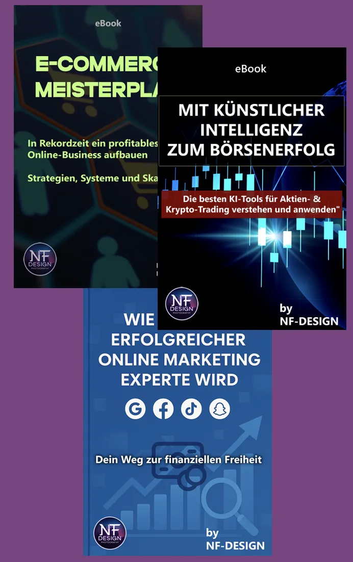 Digital Success Bundle mit drei überlagerten eBook-Covern für E-Commerce, KI-Trading und Online Marketing auf lila Hintergrun
