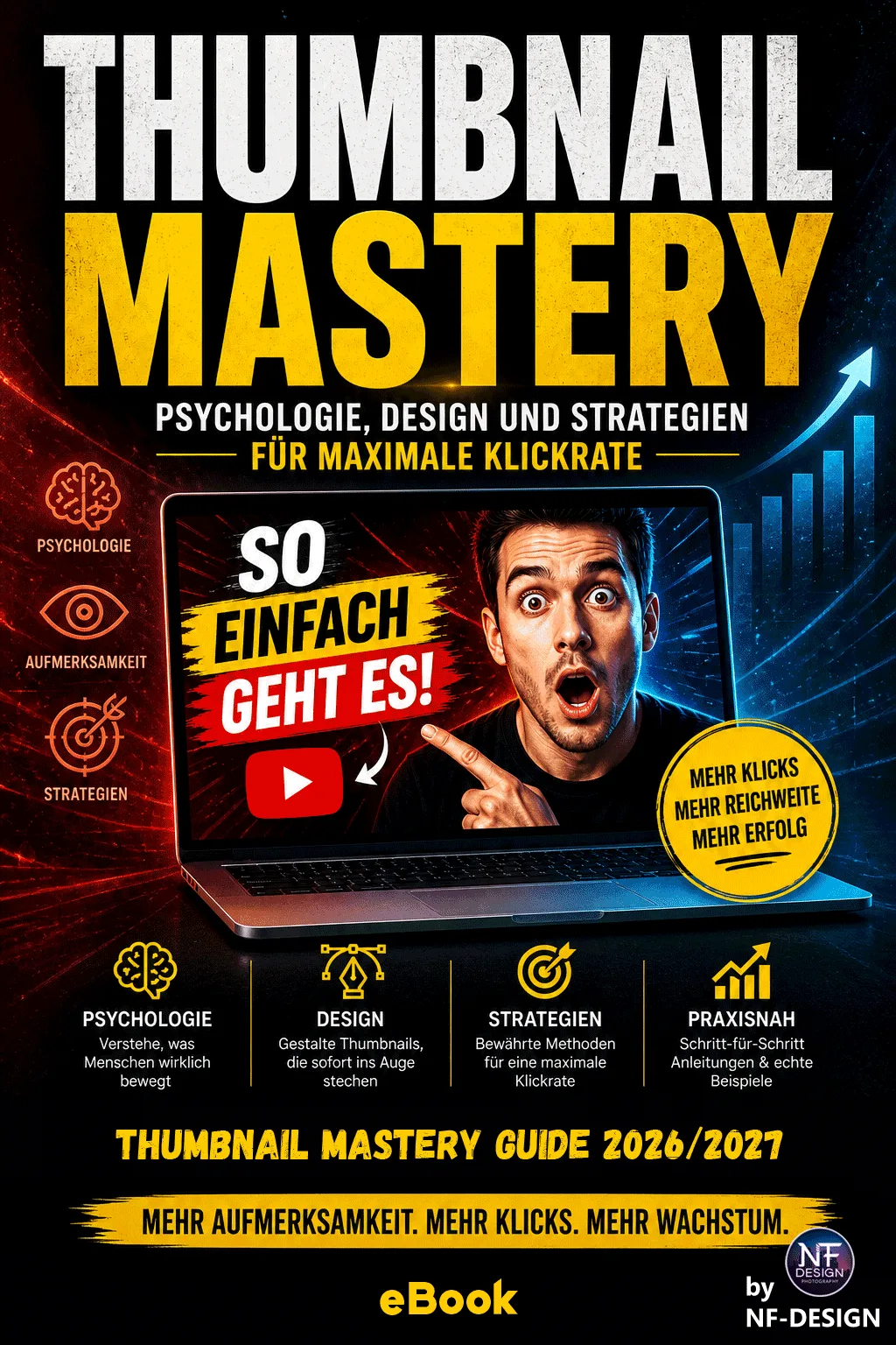 Thumbnail Mastery eBook-Cover mit Laptop, Mann und gelbem Text zu Psychologie, Design und Strategien für maximale Clickrate