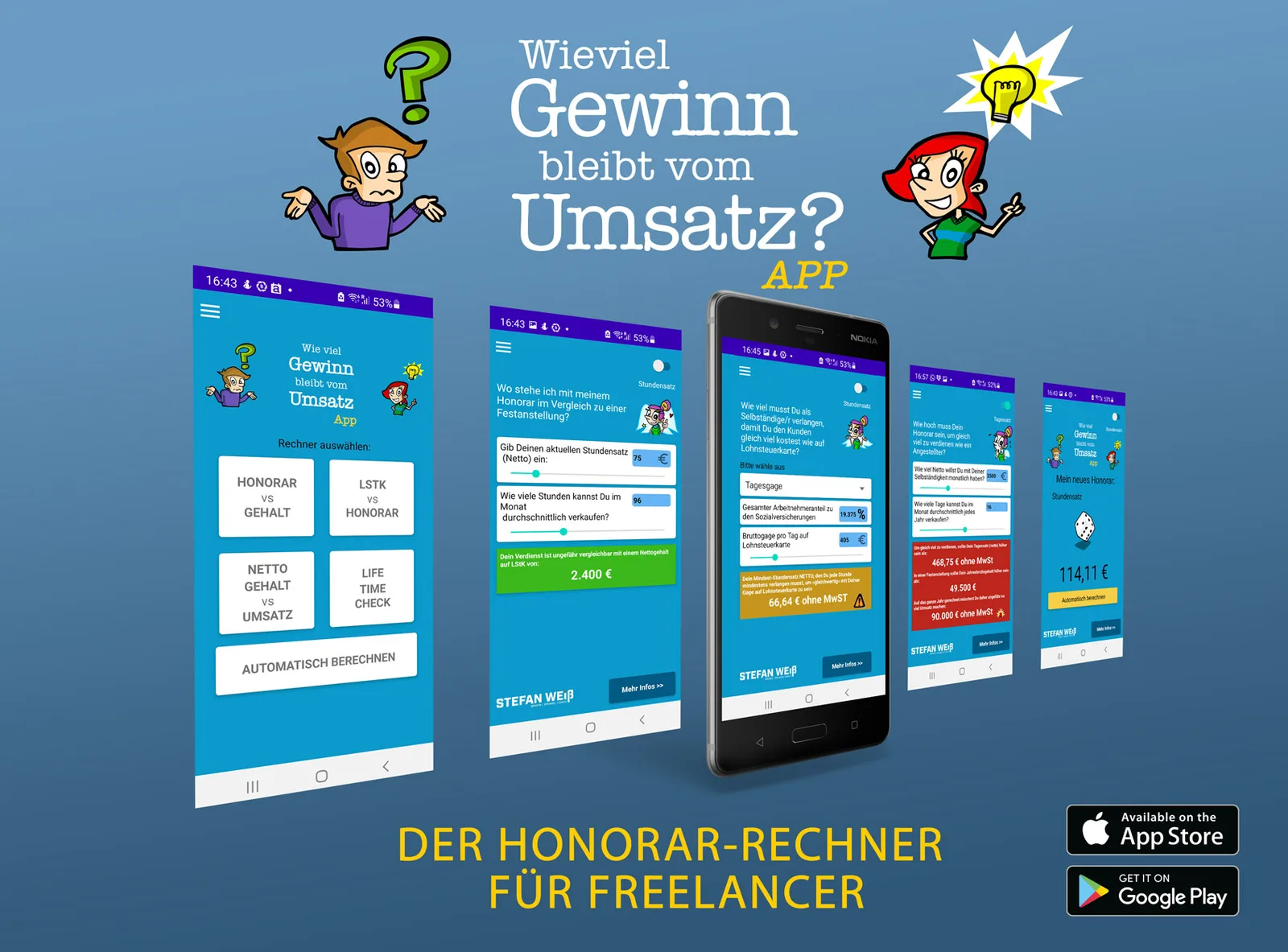 App-Bildschirme der Gewinn-App mit Honorarrechner-Funktionen auf Smartphones