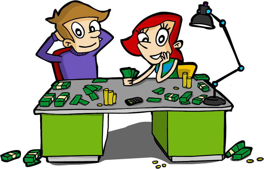 Cartoon-Illustration von zwei Personen beim Zählen von Geld und Münzen