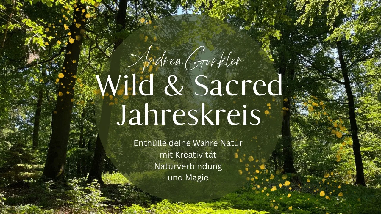 Kurs-Übersichtsgrafik mit Waldlandschaft und Textoverlay zum Wild & Sacred Jahreskreis