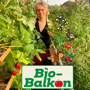 Frau mit Gemüse vor Bio-Balkon Logo und Schmetterlingsornament – Kongress-Speakerin Birgit Schattling