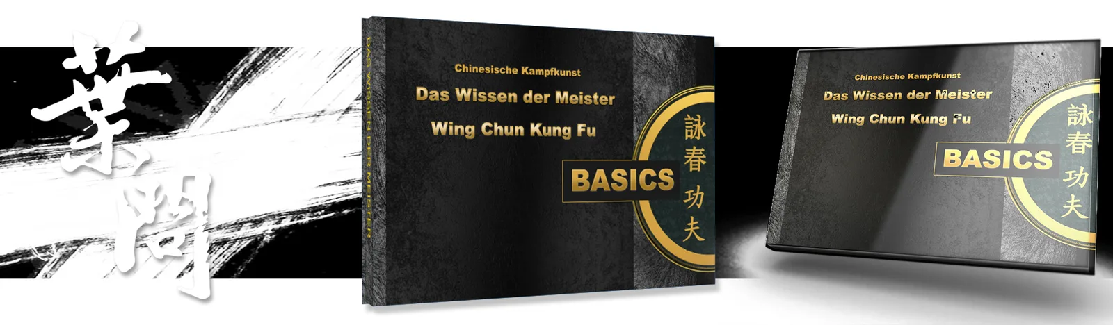 Wing Chun Kung Fu Ebook-Bundle mit drei Boxen: Pinselstrich-Design in Schwarz-Weiß-Gold mit chinesischen Zeichen